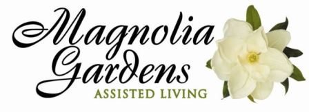 Logo with a magnolia flower. The logo says Magnolia Gardens assisted living.