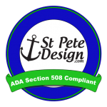 Logo that says A D A Section 508 compliant by Saint Pete Design.com